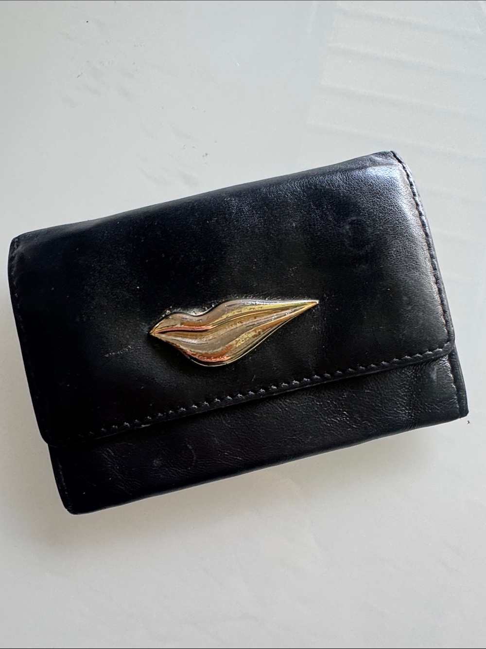 Diane Von Furstenberg Black Leather Wallet with Gold Lip Accent
